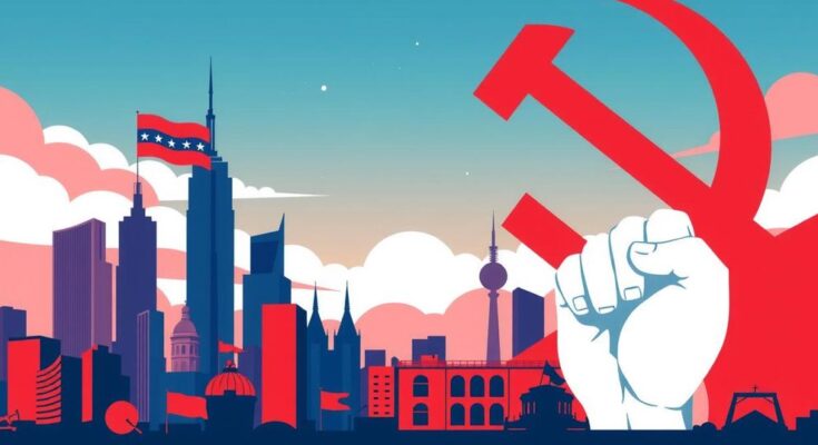 A political landscape featuring a city skyline juxtaposed with symbols of democracy and socialism in contrasting colours.