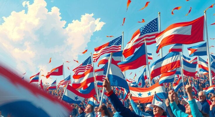 Презентация ключевого выступления Трампа на консервативном митинге, акцент на национальных интересах, флаги, символы.