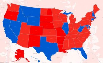 A colourful political map of the USA highlighting counties with strong party loyalty, using vibrant hues to show divisions.