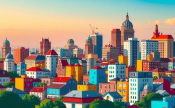 Dynamic colourful cityscape reflecting political change, featuring vibrant buildings and hopeful sky.