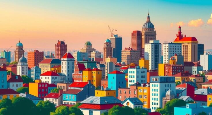 Dynamic colourful cityscape reflecting political change, featuring vibrant buildings and hopeful sky.