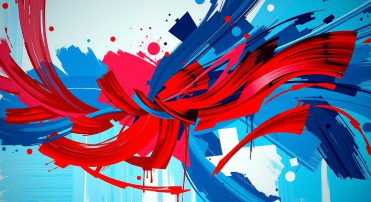 Abstract political landscape with contrasting blue and red tones, representing divided party views and leadership shifts.