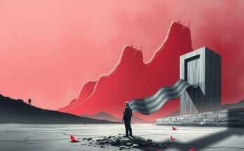 A conceptual illustration of an abstract political landscape, showing uncertain odds for leadership, in muted cherry and grey tones.