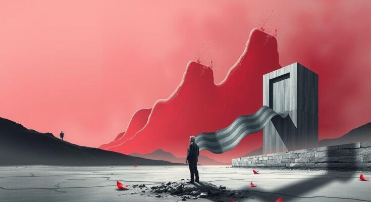 A conceptual illustration of an abstract political landscape, showing uncertain odds for leadership, in muted cherry and grey tones.
