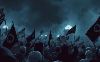 Протестная сцена с флагами и символами власти, темные холодные тона и решительные выражения.
