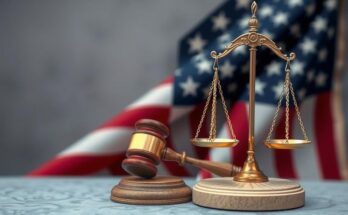 A symbolic representation of politics with a gavel and scales against a backdrop of an American flag in muted tones.