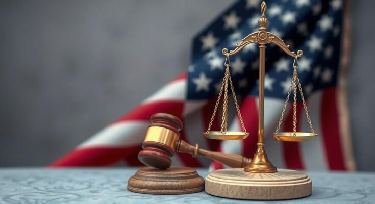 A symbolic representation of politics with a gavel and scales against a backdrop of an American flag in muted tones.
