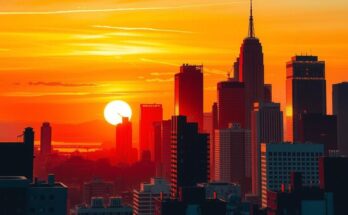 Rooftop view of a bustling city skyline during sunset, warm tones with silhouettes of buildings.