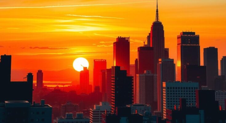Rooftop view of a bustling city skyline during sunset, warm tones with silhouettes of buildings.