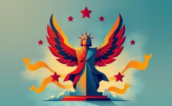 Une illustration symbolique de la politique américaine avec des éléments de victoire et d'optimisme, en nuances de bleu et orange.