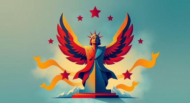 Une illustration symbolique de la politique américaine avec des éléments de victoire et d'optimisme, en nuances de bleu et orange.