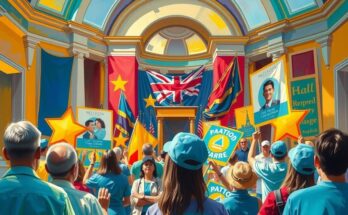 A city hall scene with a podium, banners, and cheering supporters during a vibrant political rally.