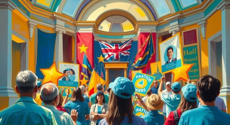 A city hall scene with a podium, banners, and cheering supporters during a vibrant political rally.