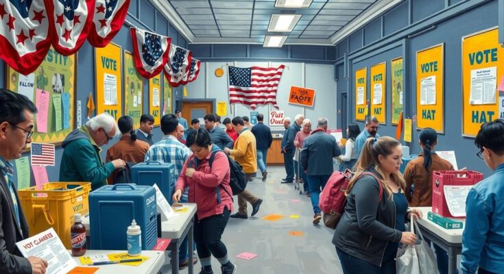Scène d'un bureau de vote à New York avec des bulletins et des drapeaux, ambiance électorale animée et colorée.
