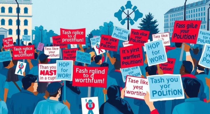 Протест с плакати и знаци, символизиращи опозиция на политики в САЩ, цветни нюанси на синьо и червено.