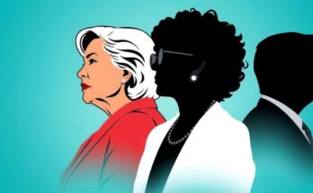 Trois silhouettes d'hommes et femmes politiques symbolisant un changement générationnel au sein des démocrates.