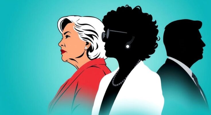 Trois silhouettes d'hommes et femmes politiques symbolisant un changement générationnel au sein des démocrates.