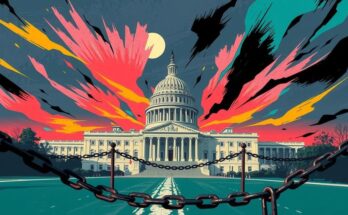 Capitol building surrounded by symbolic barriers and vibrant colors illustrating political tension and chaos in elections.