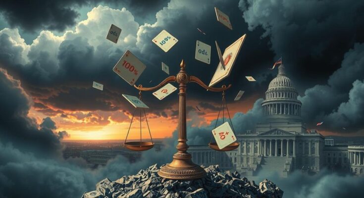 A conceptual depiction of political betting odds on presidency with symbolic objects and a dramatic colour scheme.