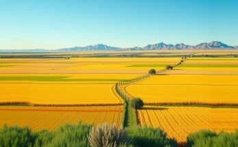 Rural landscape with agricultural fields and border fence, highlighting themes of immigration and economic policies.