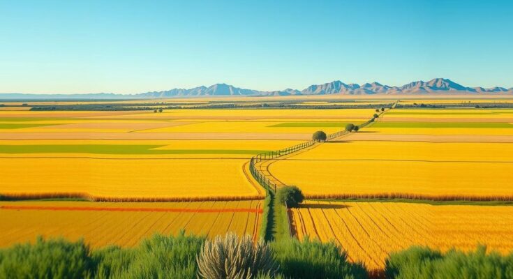 Rural landscape with agricultural fields and border fence, highlighting themes of immigration and economic policies.