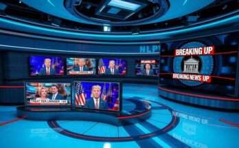 A newsroom with screens displaying breaking news and political graphics, emphasising current events and analysis.