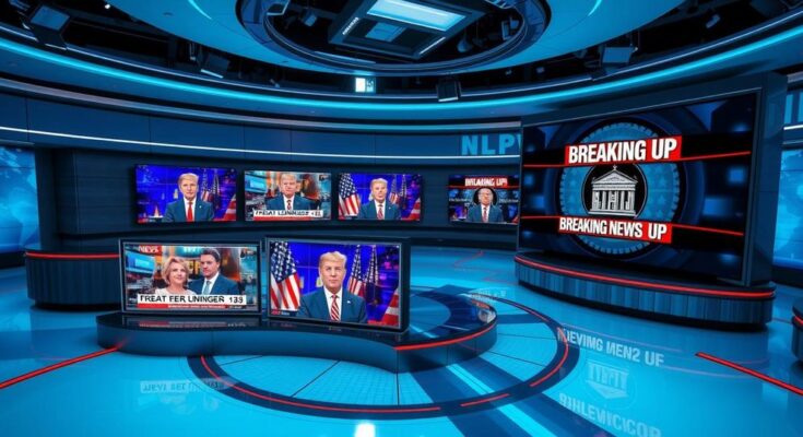 A newsroom with screens displaying breaking news and political graphics, emphasising current events and analysis.