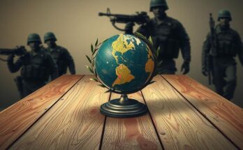 A symbolic representation of diplomacy with a globe, olive branch, and shadows of military equipment on a table.