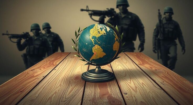 A symbolic representation of diplomacy with a globe, olive branch, and shadows of military equipment on a table.