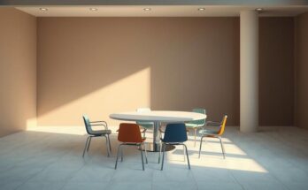 A tense dialogue represented by an empty room with a table and chairs, in a modernist style, using a muted colour scheme.