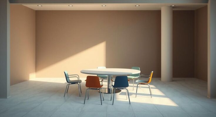 A tense dialogue represented by an empty room with a table and chairs, in a modernist style, using a muted colour scheme.