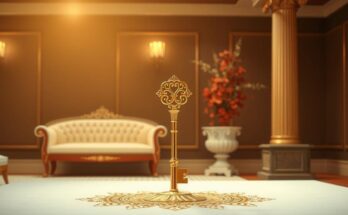 Farewell scenario with a golden key symbolizing achievement in governance, adorned in warm golden hues.