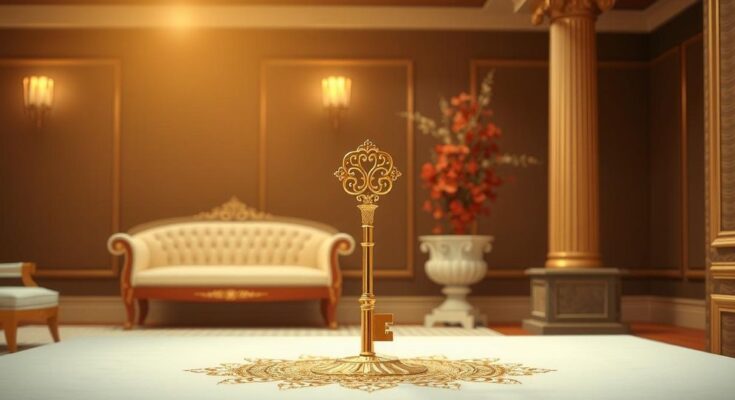 Farewell scenario with a golden key symbolizing achievement in governance, adorned in warm golden hues.