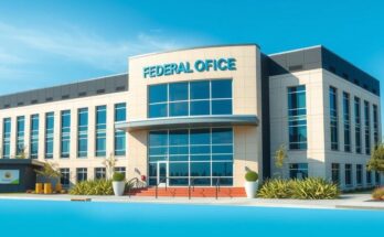 A federal office building with a welcoming entrance and clear windows, representing government rehires and services.