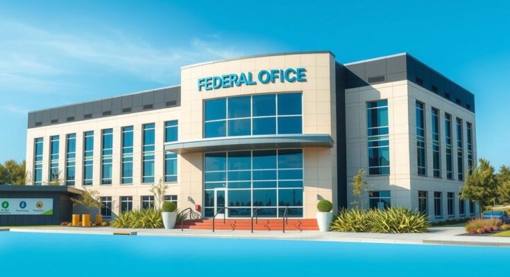 A federal office building with a welcoming entrance and clear windows, representing government rehires and services.