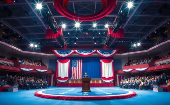 Stadio vuoto illuminato, simbolo di storia politica americana, con bandiere e colori patriottici.