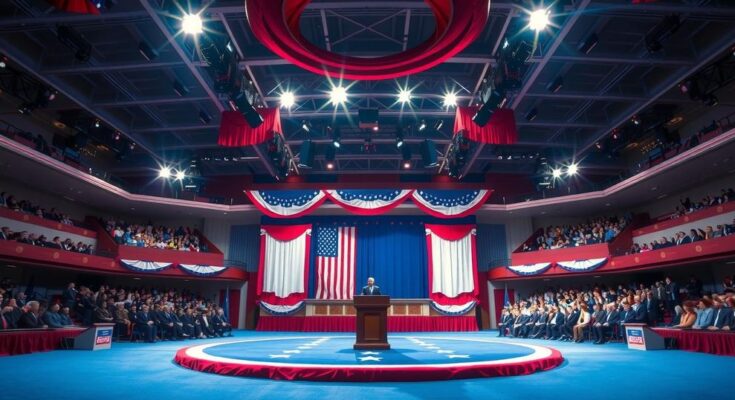 Stadio vuoto illuminato, simbolo di storia politica americana, con bandiere e colori patriottici.