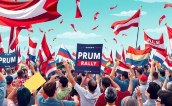 Rally scene featuring flags, banners, and a cheering crowd at a political gathering in vibrant colors.