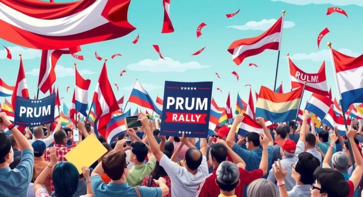 Rally scene featuring flags, banners, and a cheering crowd at a political gathering in vibrant colors.