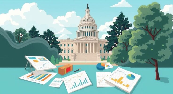 A symbolic representation of interest rate discussions, featuring a stylised Capitol Hill with economic charts and graphs in subdued colours.