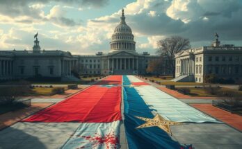 A stylized political landscape showing a divide with symbolic elements representing tension and negotiation in governance.