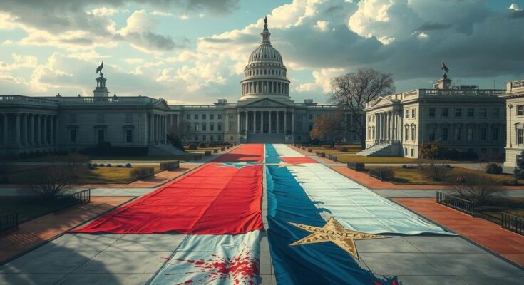 A stylized political landscape showing a divide with symbolic elements representing tension and negotiation in governance.