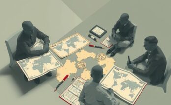 Abstract depiction of military strategy discussions with a focus on maps and strategy planning elements, in muted colours.