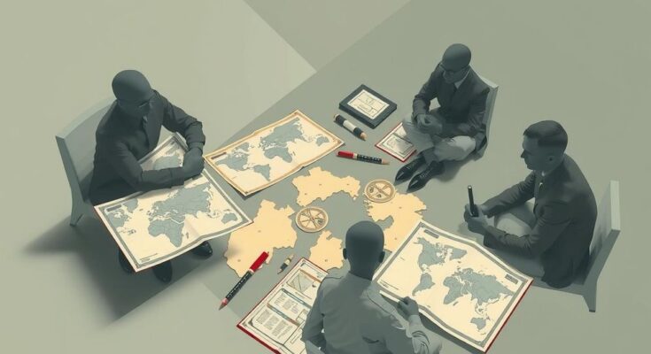 Abstract depiction of military strategy discussions with a focus on maps and strategy planning elements, in muted colours.
