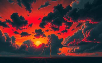 Lanskap malam yang dramatis dengan awan gelap, kilatan petir, dan langit berwarna oranye-merah, menciptakan suasana tegang.