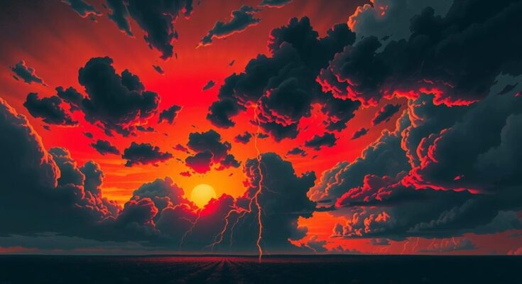 Lanskap malam yang dramatis dengan awan gelap, kilatan petir, dan langit berwarna oranye-merah, menciptakan suasana tegang.