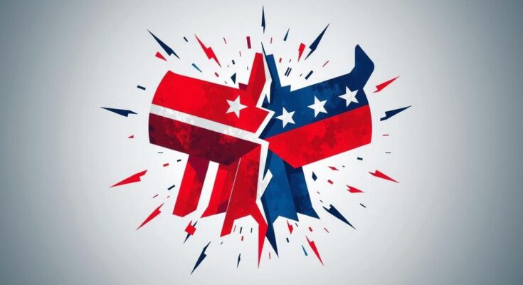 Simboli politici che rappresentano la polarizzazione tra Repubblicani e Democratici.