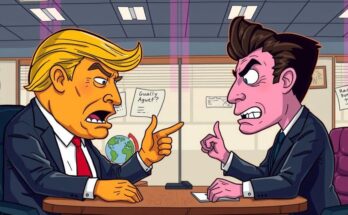Карикатурное изображение конфликта между Трампом и Маском на фоне офисного стиля, с яркими цветами