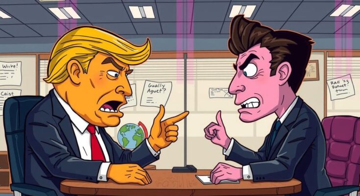 Карикатурное изображение конфликта между Трампом и Маском на фоне офисного стиля, с яркими цветами