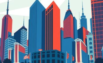 A vibrant cityscape representing political dynamics, featuring abstract buildings in bold colours and artistic style.